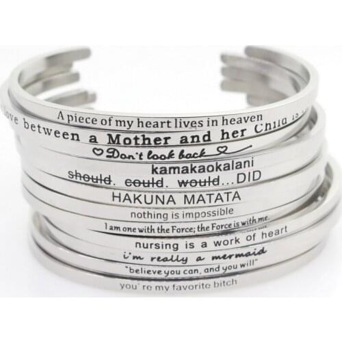 Stainless Steel 10pcs Mix Random Bangle Engraved Positive Inspirational Quote Hand Stamped Cuff Mantra Bracelet For Men Women