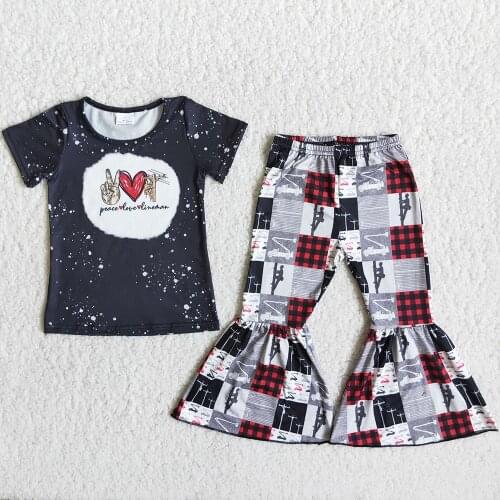 New Design Kids Designer Clothes Girls Bell Bottom Outfits Fashion Toddler Baby Girls Clothing Peace Love Lineman Kids Clothing