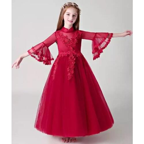 Flower Girl Dresses Illusion High Three Quarter Floor-Length Embroidery Princess Tulle Lace Luxury Burgundy Kids Party Gown H506