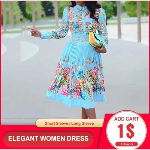 Summer Long Sleeve Women Pleated Floral Print Dress 2021 Elegant Female Plus Size African Office Ladies Vintage Midi Dress Retro