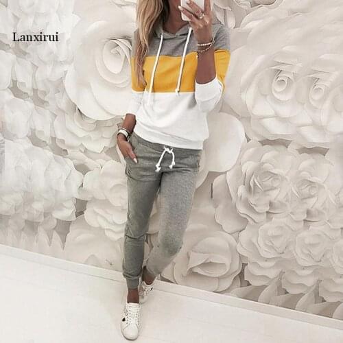 Women Sweatshirt +Pants 2 Pieces Set Spring Casual Loose Patchwork Color Pullover Hoodies Elastic Waist Sweatpants Sports Suit
