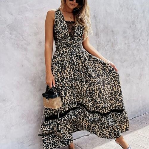 Summer Sexy V Neck Leopard Long Dress Fashion Hollow Out Lace Party Beach Dress Women Casual Sleeveless Backless Boho Maxi Dress
