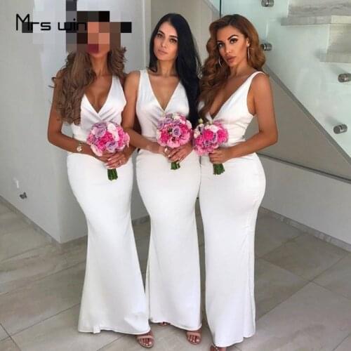 Mrs win Bridesmaid Dresses Elegant Mermaid Wedding Party Dresses HR195 White Deep V Neck Long Plus Size Vestido Madrinha 2020