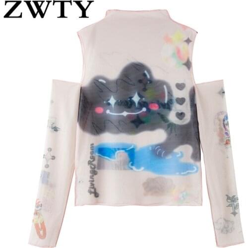 ZWTY Off Shoulder Mesh Hand-Painted TeesStreetwear Sexy Slim Bodycon T Shirt Female Long Sleeve 2021 Chic Elastic Party Ins Top