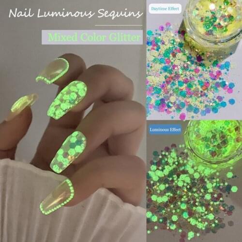 1 Box Glow In Dark Mix Color Glitter Powder Nail Powder Pigment Colorful Flash Luminous Hexagonal Sequins Nail Art Decorations