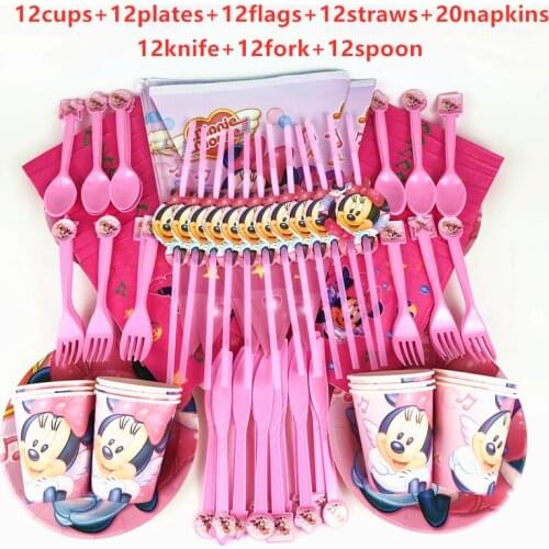 104Pcs Disney Red Minnie Mouse Disposable Tableware Kids Boys Birthday Party Decoration Paper Plate+Cup+Napkin+Straws Supplies