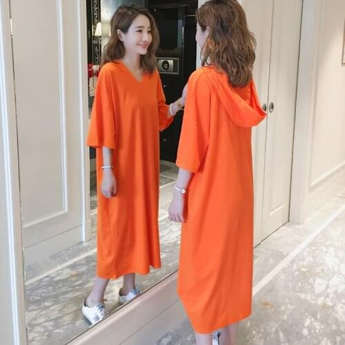 #2339 Cotton Short Sleeve Tshirt Dress Woman Hooded Orange Plus Size Loose Dresses For Women Spring Summer Casual Dresses Girls
