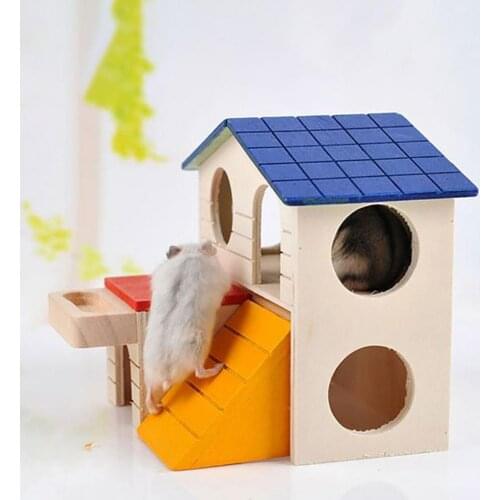 1Pc Wood Cute 2 Layers Wooden Hamster Sleeping Grinding Pet House With Feeding Trough Two-storey Small House Villa With Stairs