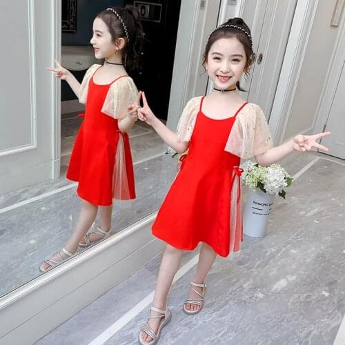 Jargazol Summer Kids Dresses for Girls Korean Fashion Teenagers Kids Flying Sleeve Princess Dress Vestidos 10 Years Costume