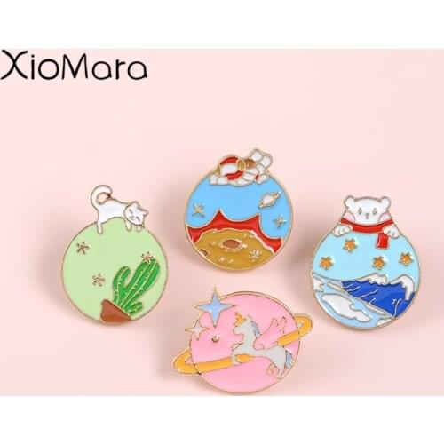 Wonderful Planet Enamel Pins Cat Ocean Cactus Pegasus Universe Cosmic Space Airship Badges Metal Lapel Pins For Clothes Backpack