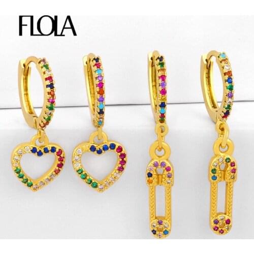 FLOLA CZ Gold Safety Pin Earrings For Women Small Heart Drop Earrings Cute Cubic Zirconia Rainbow Jewelry Aretes De Moda erss98