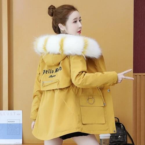 Cotton Coat Womens 2020 New Winter Padded Clothing Plus Velvet Thick Casual Zipper Pocket Hooded Fur Collar Parkas Female Q334