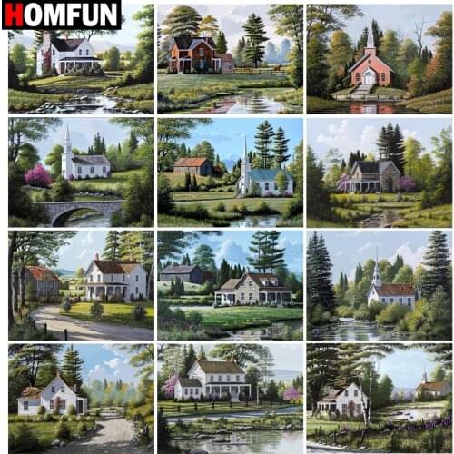 HOMFUN Rhinestone Painting Crystal Decor Diy Diamond Painting "House forest lake" 3D Cross Stitch Pattern Diamond Embroidery