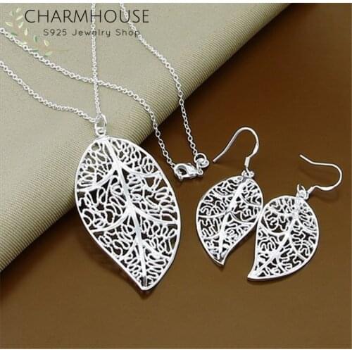 Charmhouse Silver 925 Jewelry Sets For Women Exquisite Leaf Pendant Necklace Earrings 2pcs Costume Jewelry Set Party Gifts