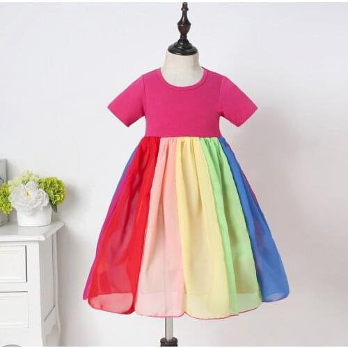 Fashion Girls Round Collar Short Sleeve Dress Kids Summer Rainbow Tulle Princess Clothes Baby Patchwork Dresses