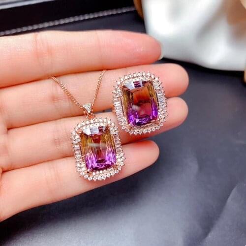 Fashion luxurious square 10*14mm 925 Silver natural Ametrine pendant ring natural gemstone jewelry woman party gift set jewelry