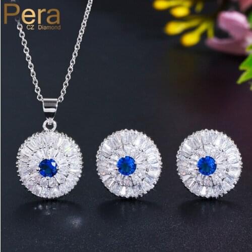 Pera Fashion White Gold Jewelry Royal CZ Stone Blue Green Cubic Zirconia Pendant Necklace Earrings Sets for Women J107