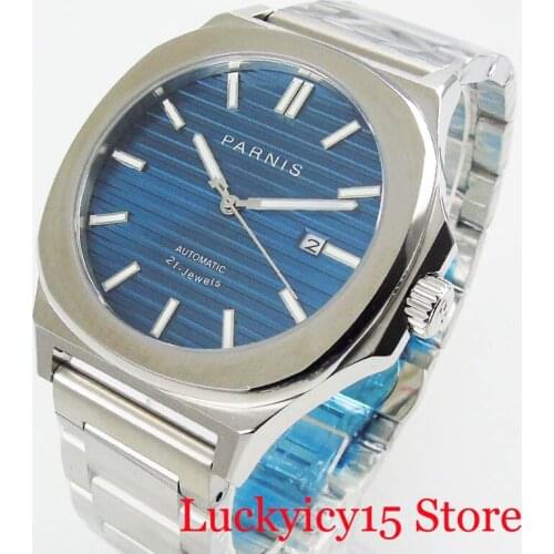 PARNIS Luxury Dress 44mm Automatic Mens Watch Mental Strap Auto Movement Auto Date Sapphire Glass
