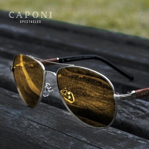 CAPONI Night Vision Men Sunglasses Polarized Photochromic Wooden Legs Pilot Driving Eye Glasses For Male UV Protect BSYS409