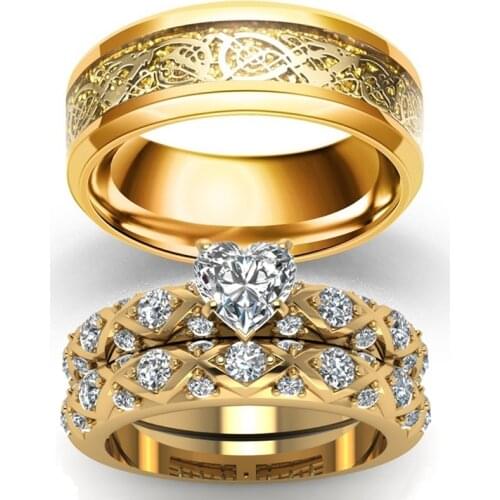 Couple Rings Exquisite Women Rhinestones Zirconia Rings Set Men Gold Stainless Steel Celtic Dragon Ring Jewelry For Lover Gifts