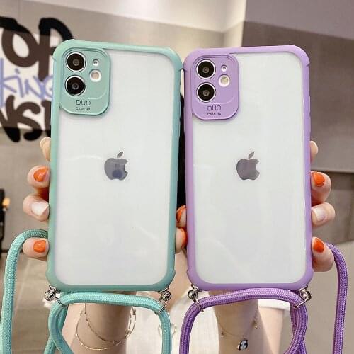 Transparent Lanyard Strap Phone Case For iPhone 11 Pro Max 12 XR XS Max X 7 8 Plus Macaron Crossbody Chain Cord Rope Cases Cover