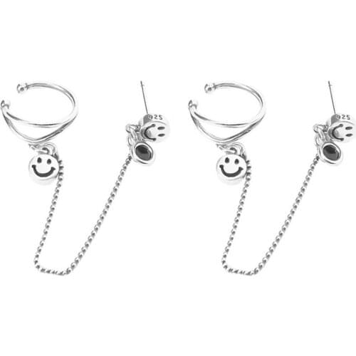 Smiley Face Chain Ear Cuff Earrings for Women Teen Girl 925 Silver Korean Kpop Tassel Ear Clip On Earrings For Egirl Jewelry