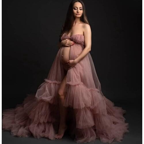 Dreamlike Blush Pink Mesh Pregnant Women Dresses Strapless Ruffles Tiered Tulle Maternity Gowns To Photo Shoot Custom Made