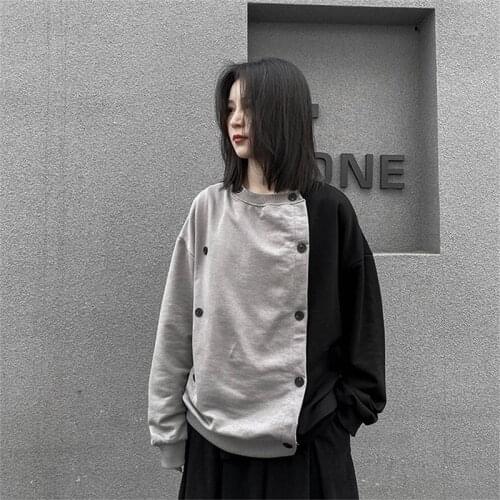 Womens spring and autumn round collar hoodie double breasted design grey and black asymmetric patchwork long sleeve T-shirt