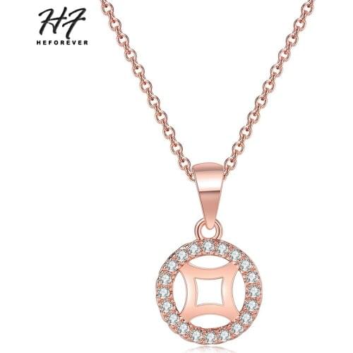 Coins Shaped Pendant Necklaces For Women Elegant Hollow Out Cubic Zirconia Rose Gold Color Party Daily Gift Fashion Jewelry N636