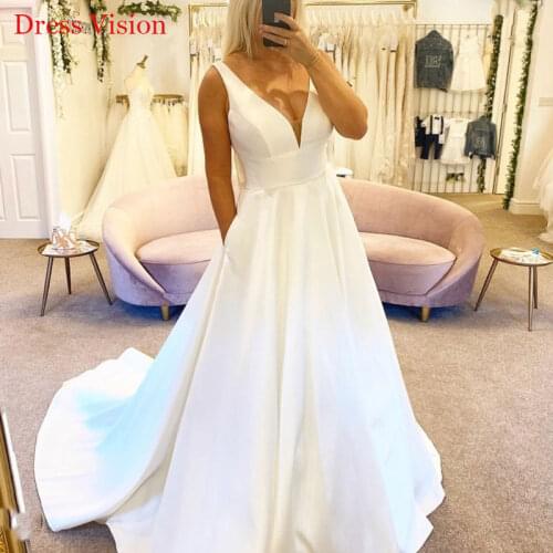 Satin V-neck Wedding Dresses Vestidos De Novia Robe De Soirée De Mariage Bride To Be Свадебное платье Sweep Train