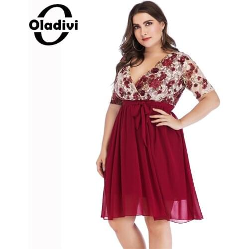 Oladivi Plus Size Women V-Neck High Waist Lace Print Chiffon Dress Sexy Lady Oversized Mini Dresses Large Size Robe Vestidio 061