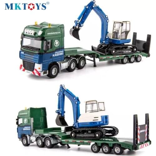 1:50 Alloy Diecast Excavator Model Flatbed Trailer Platform Truck Low Loader Tractor Diecast Model Vehicle Hobby Toy For Kid Gif