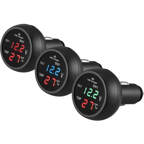 12-24V 3 in 1 Car Charger LED Digital Meter Monitor Car Digital Voltmeter Gauge In-Car Thermometer Car Battery Monitor Universal