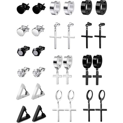 14 Pairs Stainless Steel Dangle Cross Stud Earrings for Men Women Hoop Earrings Huggie Vintage Ear Piercing