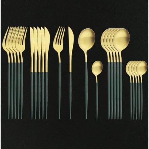 24Pcs Tableware Stainless Steel Green Gold Cutlery Set Kitchen Knife Fork Spoon Set Luxury Dinner Wedding Matte Dinnerware Set