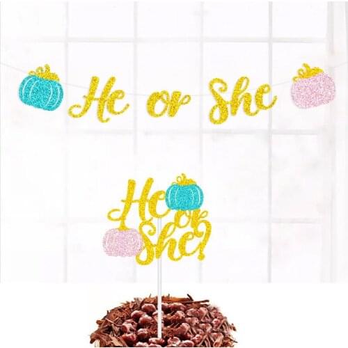 Glitter He or She Pumpkin Banner Gender Reveal Cake Toppers Girl or Boy Cupcake Topper Baby Shower Birthday Party Cake Decors