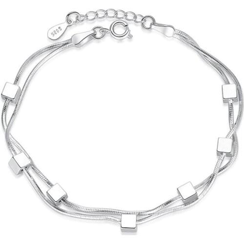 925 Sterling Silver Bracelet Square Box Star Double Chain Adjustable Bracelet Anklet For Women pulseira de Prata S-B167