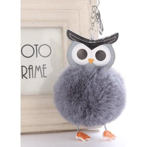 Cute Pompom Owl Keychain pom pom Key Chain Rabbit Fur Ball pompom Porte Clef Fluffy Leather Key Ring Llaveros 6C0802