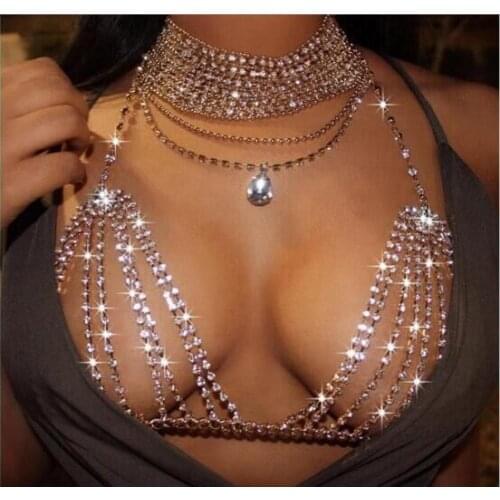 Women Popular necklace trend long pendant tassel gem full drill choker chain new hot style breast chain jewelry