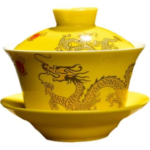 Ceramic Sancai Gaiwan Teacup Single Retro Qing Dynasty Sichuan Gaiwan Tea Dragon Pattern Chinese style Tea Bowl Yellow