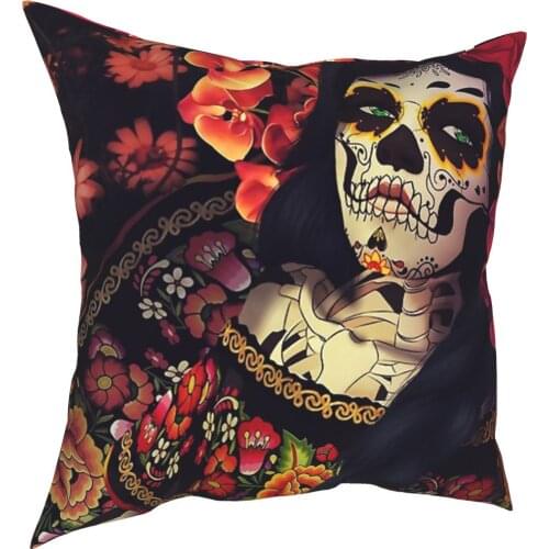 Catrina Flowers Pattern Pillow Case Home Decorative Skull Gothic Cushion Cover Throw Pillow for Sofa Double-sided Printing