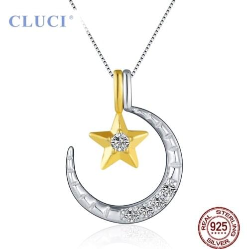 CLUCI Genuine Silver 925 Pendant with Star and Moon Shape Women Sterling Silver Charms Pendant Jewelry DP031SB