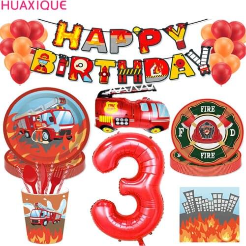 Construction Vehicle Party Decor Tableware Cupcake Toppers Banners Boy Birthday Fire Truck Balloon Firefighter Party Supplies