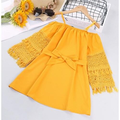 Kids Girls Summer Lace Dress Shoulderless Tassel Dress Yellow Pink White 2021 New Teenage Girls Hollow Out Bohemian Dress 5-16Y
