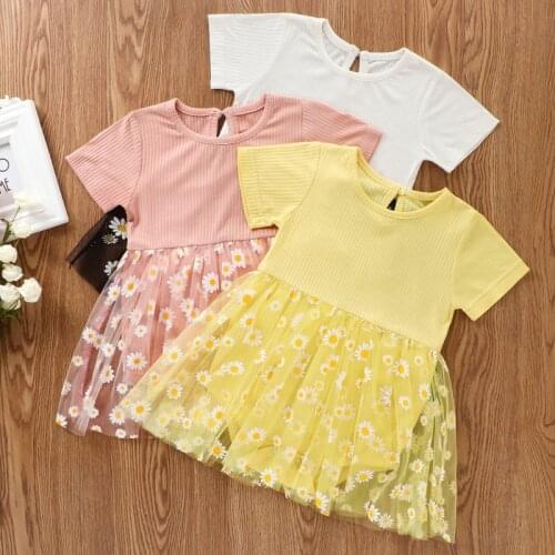 Baby Daisy Print Mesh Dress, Girls Short Sleeve O-neck Knitted Romper Sundress for Summer 2021