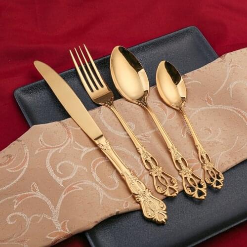 European Style Hollow Embossed Four-piece Set Cutlery Tableware Retro Tableware Spoon Fork Knife Luxury Carving Tableware