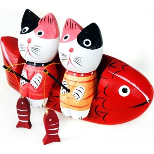 Fishing Woody Cat Model Figurine Childrens Toys Desktop Decor Cat Stool Home Furnishings Mini Figurines