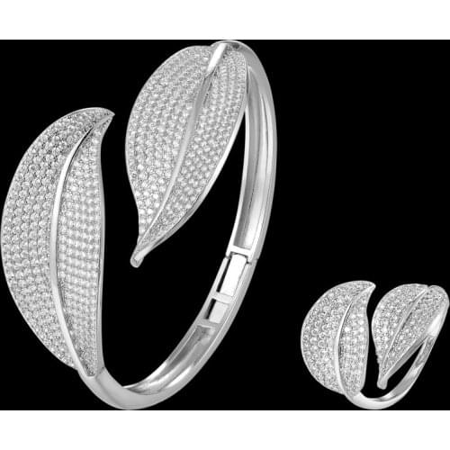 Funmode Elegant Leaf Design Silver Color Rose Golden Ball Design Bangle Ring Sets For Wedding Jewelry Set Wholesale FS235