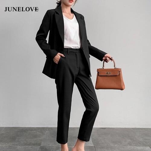JuneLove Women Single Uotton Work Blazer Suits OL Pants Suit Notched Blazers Jackets With Trousers Two Pieces Set Red Pink GREEN