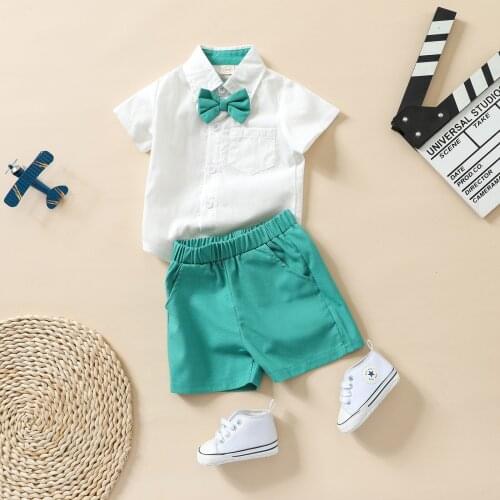 FOCUSNORM 0-24M Summer Gentleman Baby Boys Clothes Sets Solid Single Breasted Shirt Romper+Bow Tie+Shorts 3pcs